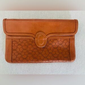 Leather Clutch Wristlet in Tan with Embossed Pattern